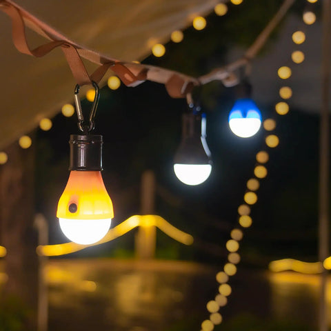 Go-To USB Rechargeable LED Camping Lanterns Four Pack With Clip Hook Hanging Design illuminating outdoor tent at night