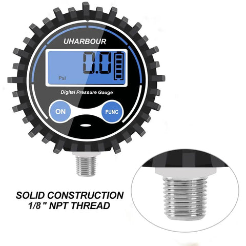 Digital Air Pressure Gauge 5 To 200 PSI With 2-1/2 Inch Dial 1/8 NPT Fittings Auto Shut Off High Accuracy And Protective Case