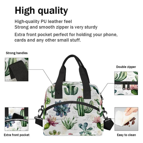 Desert Plant Inspired Tropical Green Insulated Lunch Bag with strong handles, extra front pocket, and easy-to-clean design.