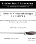 10 Inch Professional Kitchen Knife Sharpener Rod For All Chef Knives With Japanese High Carbon Steel Ergonomic Pakkawood Handle Pro Grade Honing Rod For Precision Sharpening chart showing dimensions and use.