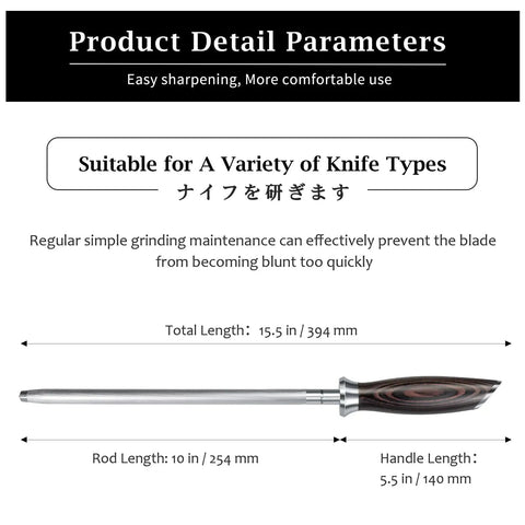 10 Inch Professional Kitchen Knife Sharpener Rod For All Chef Knives With Japanese High Carbon Steel Ergonomic Pakkawood Handle Pro Grade Honing Rod For Precision Sharpening chart showing dimensions and use.