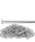 Pro Level Hot Dipped Galvanized Roofing Nails 2 1/2 Inch By 11 Gauge Featuring Killer Ring Shank Design and Wide Flat Head for Rock Solid Shingle Projects in 25 Lb Box with a pile of nails.