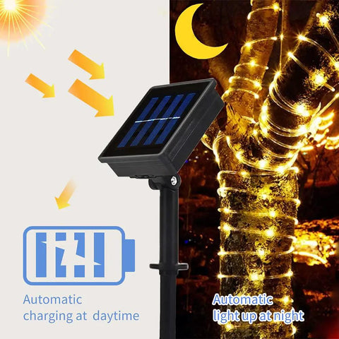 33ft Solar Rope Lights With 100 LEDs, 8 Modes, IP65 Waterproof Tube Lights lighting up a tree at night, solar panel shown.