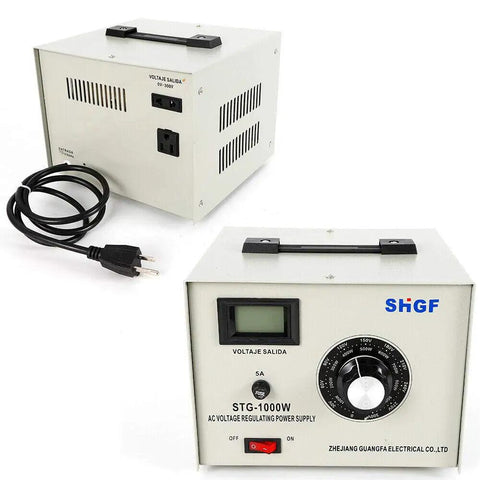 Front and side view of 1000W Single Phase AC Autotransformer With 110V Input And 0-300V Adjustable Output, control panel visible