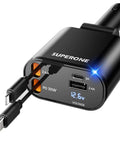 Upgraded Retractable Car Charger 4 In 1 Fast USB C and Apple Car Adapter with 2.6ft Cord, black, showing two retractable cables