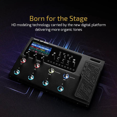All In One Dope Guitar And Bass Multi Effects Pedal with Expression Input display and knobs in dark setting