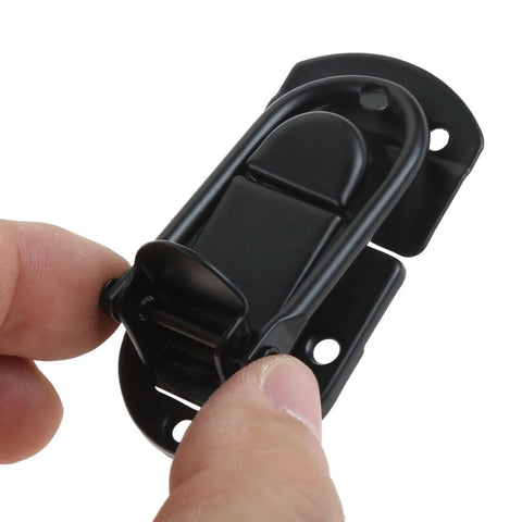 Five Piece Set Heavy Duty Black Metal Hasp Latches Built Different For Flight Cases showing a hand holding a latch.