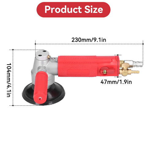 4 Inch Pneumatic Wet Stone Polisher Sander With Water Nozzle And 4300 RPM, size dimensions, red handle, side view