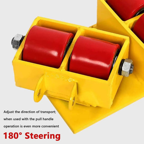 Heavy Duty Machine Mover Dolly Skates With 180 Degree Steering Rollers showing red rollers and steel frame for easy load navigation.