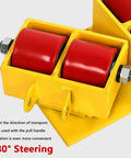 Close-up of Heavy Duty 180 Degree Steering Machine Mover Dolly Featuring Ergonomic Handle and red polyurethane rollers.