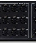 Remote Audio Rack for GLD Digital Mixing System Featuring 24 Inputs and 12 Outputs, Locking XLRs, Cat5 Snake Connection Up to 120 Meters, Aviom Pro16 Compatible Monitor Port, Black front view.