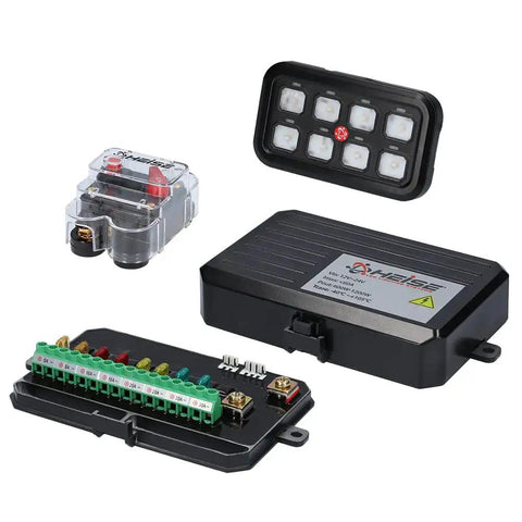 8 Gang Switch Panel System with IP68 Control Box Splash Proof Panel 60 Amp Resettable Breaker Six Extra Fuses components