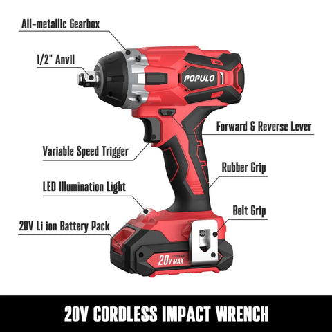 Cordless 20V impact wrench with half inch drive, 3098 inch pounds torque, red design with rubber grip and all-metallic gearbox.