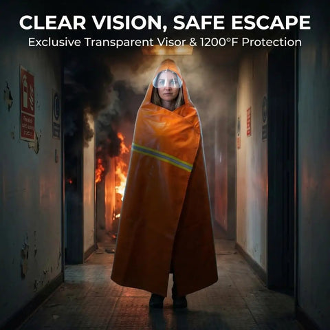 Person wearing Fireproof Cloak With Clear Visor 1200°F Heat Resistant Fire Escape Cape in hallway with flames behind.