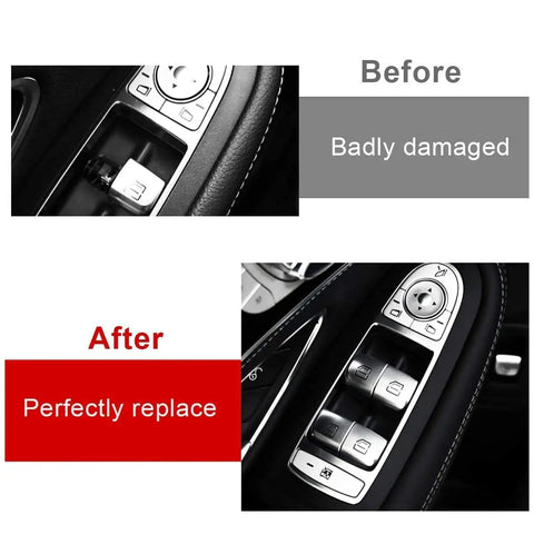 Before and after of Mercedes Window Lift Switch Button Cover For C Class W205 2015 2021 And GLC W253 2016 2022 installation