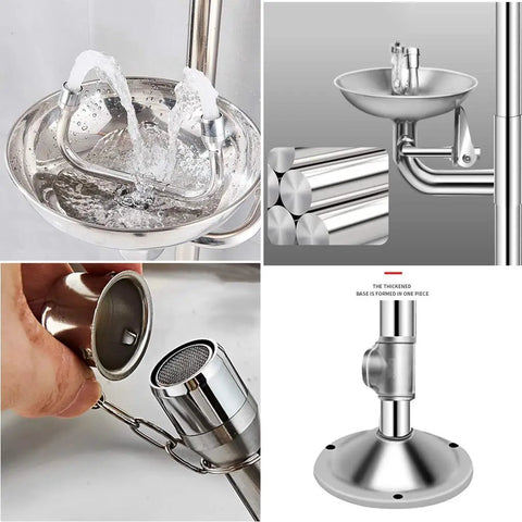 Hardcore Heavy Duty Stainless Steel Eyewash System And Emergency Safety Shower Setup showing water spray and solid basin design.