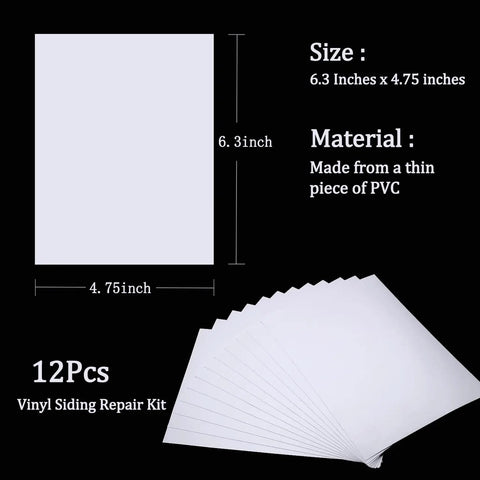 Vinyl Siding Repair Kit 12 Pcs Self Adhesive Patches 6.3 By 4.75 Inches PVC Tape Patches shown with size and material details