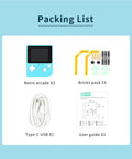 Packing list for Retro Coding Arcade Handheld Console For MakeCode And Python, DIY Game Machine For STEM Education Learn Block Coding And Python With A Big Screen, Easy Game Creation For Teens And Makers, Super Fun Legit Learning: console, bricks, USB-C, guide
