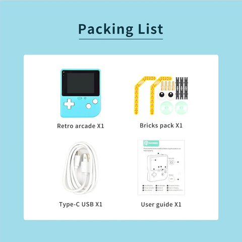 Packing list for Retro Coding Arcade Handheld Console For MakeCode And Python, DIY Game Machine For STEM Education Learn Block Coding And Python With A Big Screen, Easy Game Creation For Teens And Makers, Super Fun Legit Learning: console, bricks, USB-C, guide