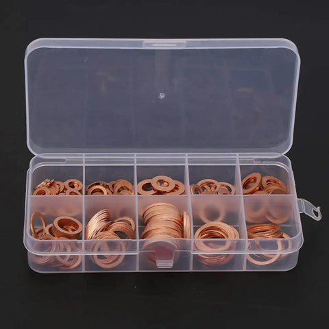 Solid Copper Flat Washers Assorted Set M5 To M14 Including 200 Pcs For Electrical Insulation Stopping Galvanic Corrosion On Aluminum Steel Or Auto Wiring Solar Panels Load Distribution Kit Good For Home Or Garage Use Solid Copper Gear You Gotta Grab. Copper washer assortment in a clear organizer case