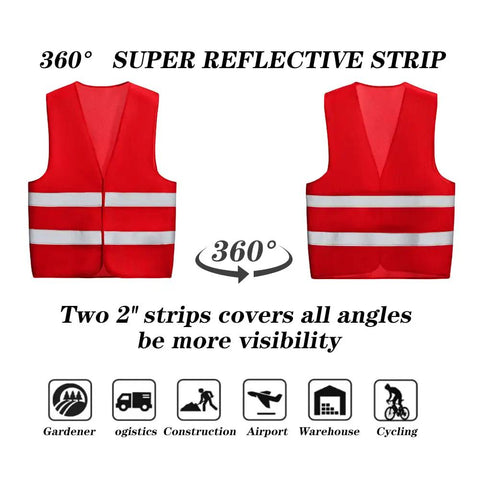 High Visibility Reflective Running Vest For Men And Women, 360 Degree Bright Safety Vest, Red, front and back view with reflective strips, Lightweight Breathable DTY Polyester, Great For Traffic, Construction, And Outdoor Work, 10 Pack
