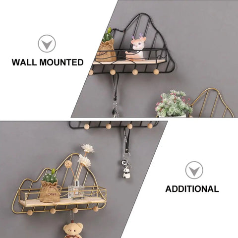 Golden Wall Mount Storage Rack With Heavy Duty Iron And Wood, Slick Hook Organizer For Kitchen Bedroom, displaying storage options for decor and keys.