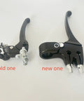 Comparison of old and new dual brake levers for cantilever or caliper brakes, 129mm handle, fits seven eighths inch bars, aluminum and steel.