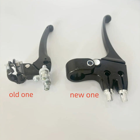 Comparison of old and new dual brake levers for cantilever or caliper brakes, 129mm handle, fits seven eighths inch bars, aluminum and steel.