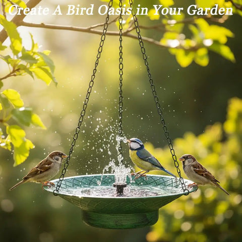 Hanging Solar Powered Bird Bath With Fountain For Garden And Lawn 12.6 Inch Metal Bird Bath Rust Resistant Green Finish No Cords