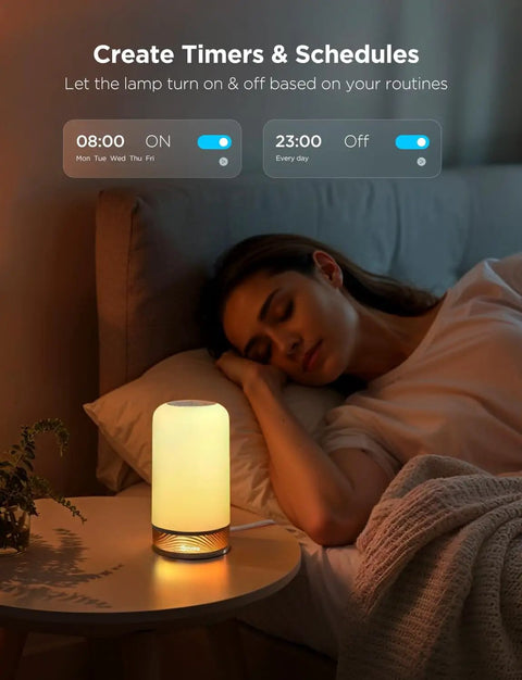 Lit RGBIC Smart Table Lamp 2 with touch control on nightstand by bed, woman sleeping, 64 scene modes, ideal bedroom use
