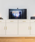 White cabinet fitted with 30 Pack 5 Inch Square Cabinet Handles in Brushed Brass Finish Stainless Steel Kitchen Hardware Pulls with 128mm Hole Center.