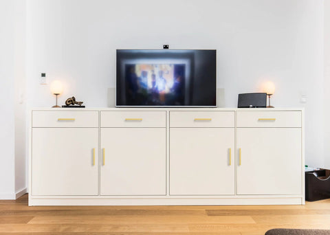 White cabinet fitted with 30 Pack 5 Inch Square Cabinet Handles in Brushed Brass Finish Stainless Steel Kitchen Hardware Pulls with 128mm Hole Center.