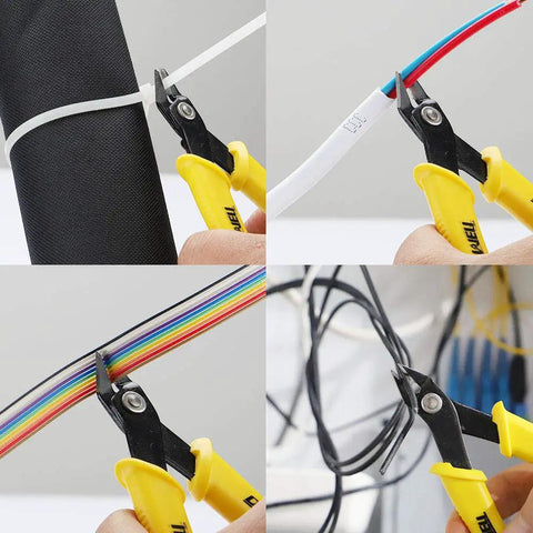 Micro Cutter Flush Cutter For Soft Wire Angled Jaws cutting various cables and wires with yellow ergonomic handles