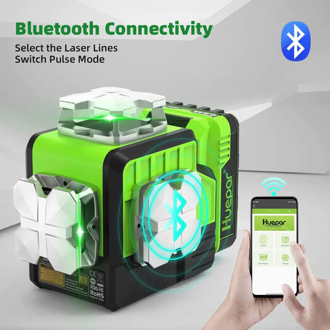 Pro Grade 12V Self Leveling Laser Level With Bluetooth Dual 360 Degree Green Beams next to smartphone on app