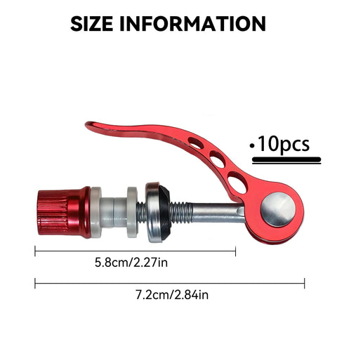 Red Quick Release Bike Seat Post Clamp Set, 10 Pack, showing size information with durable alloy construction and cam lever.
