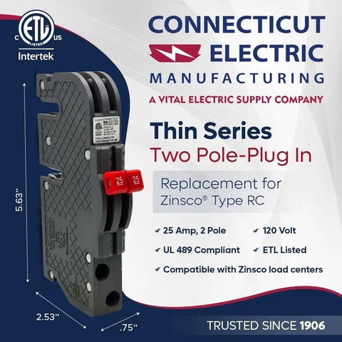 Zinsco RC3825 Drop In Replacement Two Pole 25 Amp Thin Series Circuit Breaker Gray Plug In Type For 120 240 VAC Panels Newly Manufactured ETL Listed To UL 489 10000 AIC