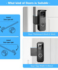 Anti Theft Mounting Bracket For Video Doorbell No Drill Install Secure Fit Precision Design That Will Not Block Motion Sensor Rainproof And Reflective Easy 3 Minute Setup For Quick Low Profile Doorbell Protection with diagram showing suitable door thickness and door gap width for installation.