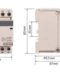 Front and side view of a Beefy 30 Amp 4 Pole Normally Closed IEC Contactor with dimensions for DIN rail mounting.