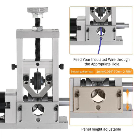 Manual Electric Wire Stripper Machine Adjustable Blade For Copper Cable Peeling Automatic Stripping Tool durable aluminum alloy body showing adjustable panel height.