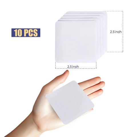 Hand holding 2.5 inch square patch from Workhorse Inflatable Patch Repair Kit Waterproof TPU Pool Repair Tape, 10 pieces shown