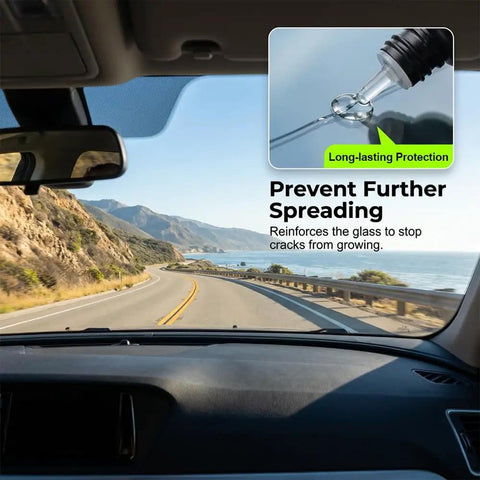 Windshield view with product inset showing liquid application for Windshield Crack Repair Kit 2026 Upgraded With Tool.