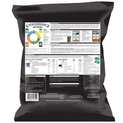 Back of Mag-I-Cal Plus Soil Booster bag showing instructions and coverage for lawns, raises pH in acidic and hard soils, 5000 sq ft.