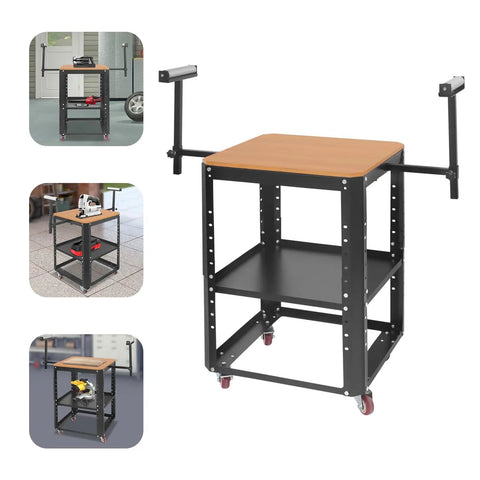 Rolling Planer Stand And Miter Saw Workbench With Adjustable Height Rock Solid Wood Platform Built Tough for heavy duty tasks.
