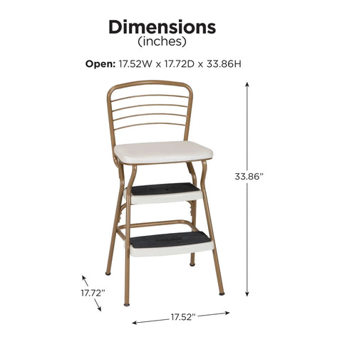 Stylaire Retro Chair And Step Stool With Flip Up Seat Black Vinyl Upholstery Chrome Steel Frame shown with dimensions