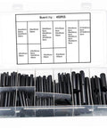 Assorted Slotted Spring Dowel Pins Kit, 450 Piece Set, black oxide finish, in transparent storage case, for automotive and machinery use.