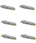 Six Pack Quick Change Retractable Utility Knife Set with six inch blade, durable aluminum handle, shown in a set of six knives