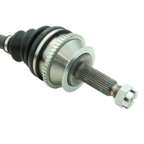 Front CV Axle Assemblies And Front Wheel Bearings Kit For 2001 Through 2006 Hyundai Santa Fe Four Piece Replacement Set With Two CV Axles And Two Wheel Bearings OE Style Beefy Heavy Duty Drive Shaft Parts close-up of axle end