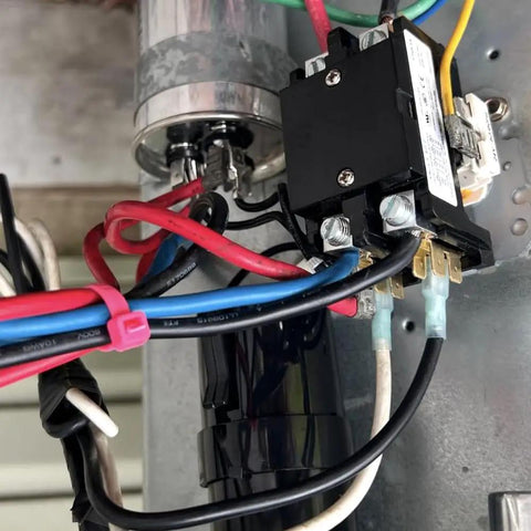 Close-up of installed AC Contactor 1 Pole 25A 24V Workhorse Heavy Duty Definite Purpose Relay with copper coil terminals and wiring.