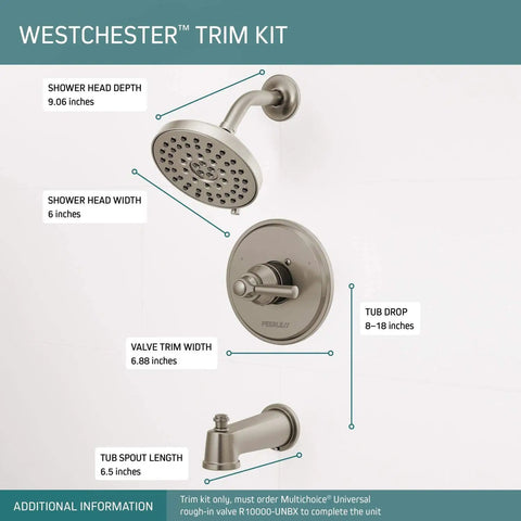 Westchester Tub and Shower Trim With Single Handle 14S Brushed Nickel Multi Function Spray With Full Body and Massaging Modes