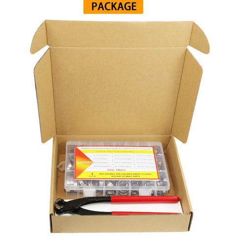 180 Piece Single Ear Hose Clamp Kit With Pincer, 12 Size Crimp Clamps 6.5mm To 33.1mm, 304 Stainless Steel Ear Clamps